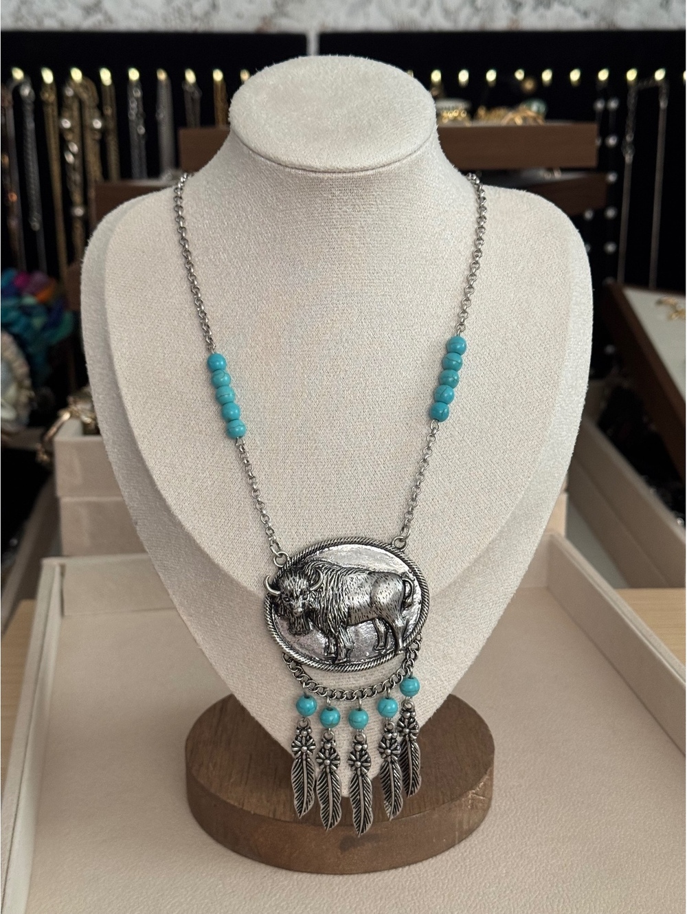 True Western Buffalo Bison Turquoise Feather Necklace Earrings Set NWT